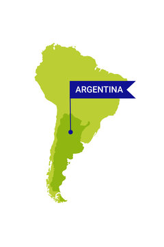 Argentina on an South America s map with word Argentina on a flag-shaped marker. Vector isolated on white.