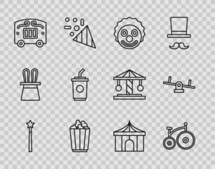 Set line Magic wand, Vintage bicycle, Clown head, Popcorn box, Circus wagon, Paper glass with water, tent and Seesaw icon. Vector