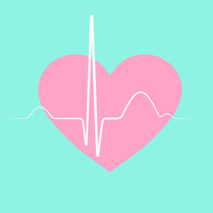 ECG. Pink heart beat in a zigzag line on a blue background. Pulse pattern. Heart strokes medical diagnosis concept poster. Vector. 