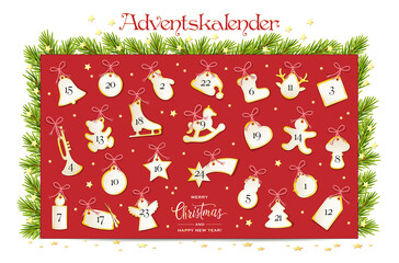 Advent Kalender mit 24 Weihnachtliche Motiv Karten,
Tradition in der Adventszeit,
Vektor Illustration isoliert auf weißem Hintergrund
