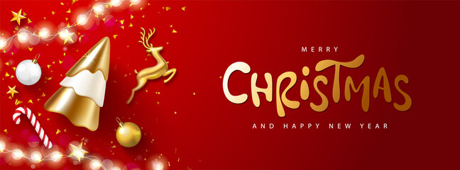 2022 Happy New Year banner. Holiday background with Golden metal deer, Christmas tree,Christmas tree balls,stars,serpentine and luminous garland.Vector illustration for website,posters,ads,coupons