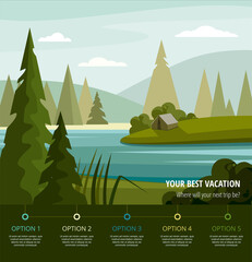Camping in spruce forest. Summer landscape with lake and trees. Vector - 467159765