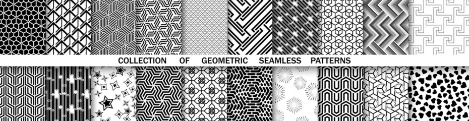 Geometric set of seamless black and white patterns. Simple vector graphics