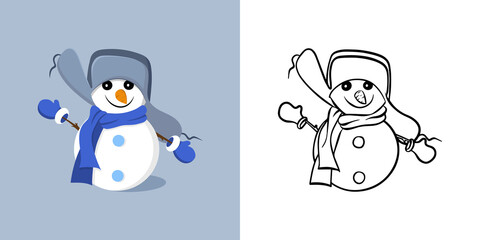 Vector set. Hand-drawn illustration and contour drawing of a cute snowman. Doodle style