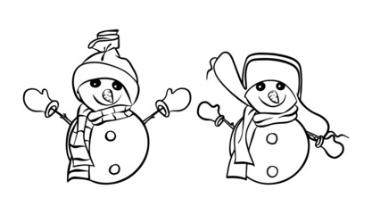 Two cheerful snowmen in hats and scarves isolated on a white background. Contour drawing. Doodle