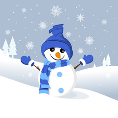 Christmas greeting card with a cute snowman on winter background with snowflakes. Vector