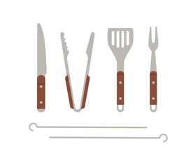 BBQ tools set. Grilling utensils, metal knife, tongs, spatula, fork and skewers for barbecue meat cooking. Barbeque supplies kit. Flat vector illustration of cutlery isolated on white background