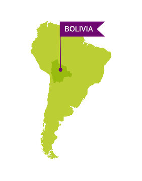 Bolivia on an South America s map with word Bolivia on a flag-shaped marker. Vector isolated on white.