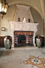 Fireplace at chamber inside castle of Lubomirski in Lancut. Poland