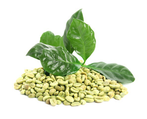 Green coffee beans and fresh leaves on white background