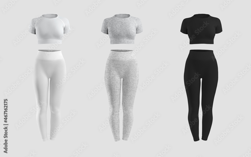 Wall mural Mockup of white, heather, black compression suit, 3D rendering, crop top, leggings, isolated on background. Set front view - Wall murals