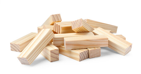 Pile of wooden blocks on white background. Jenga game