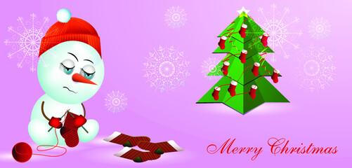 cute snowman knits socks. Illustration for christmas and new year