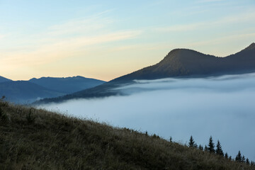 Meadow near beautiful mountains with thick mist