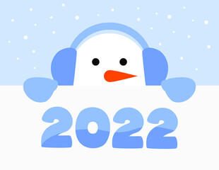 Snowman in blue headphones and mittens looks out from behind the white poster with the blue number 2022. Happy New Year 2022 greeting card
