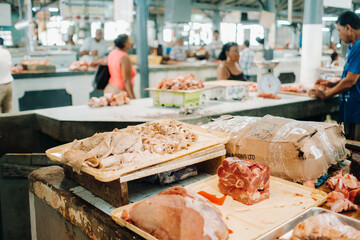 Port Louis, Mauritius various types of meat for sale at the meat stall in the meat market hall in Port Louis - obrazy, fototapety, plakaty