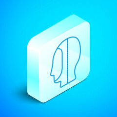Isometric line Diving hood icon isolated on blue background. Spearfishing hat winter swim hood. Diving underwater equipment. Silver square button. Vector