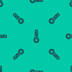 Blue line Meteorology thermometer measuring icon isolated seamless pattern on green background. Thermometer equipment showing hot or cold weather. Vector