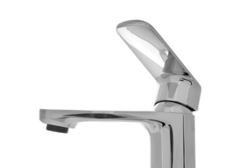 Single handle water tap on white background, closeup