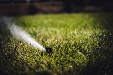 winterizing a irrigation sprinkler system by blowing pressurized air through to clear out water - obrazy, fototapety, plakaty