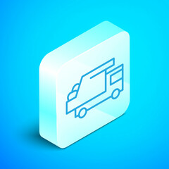 Isometric line Garbage truck icon isolated on blue background. Silver square button. Vector
