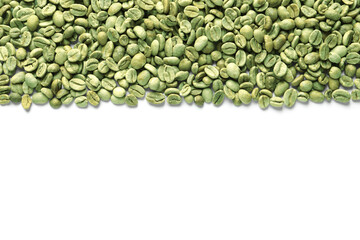 Many green coffee beans on white background, top view