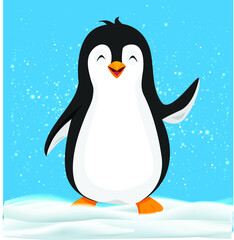 Illustration of a penguin, a cute cartoon character, 
standing on ice with snow. Suitable for making posters, 
cards, design work, 
educational materials, teaching.