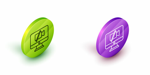 Isometric line Video camera Off on computer icon isolated on white background. No video. Green and purple circle buttons. Vector
