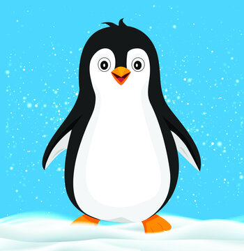Illustration of a penguin, a cute cartoon character, 
standing on ice with snow. Suitable for making posters, 
cards, design work, 
educational materials, teaching.