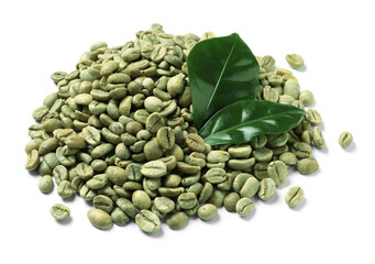 Pile of green coffee beans and leaves on white background