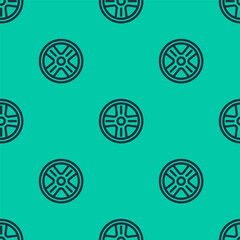 Blue line Alloy wheel for a car icon isolated seamless pattern on green background. Vector