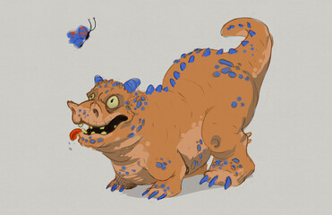 Digital painting of a fantasy dragon dog chasing a butterfly - fantasy illustration