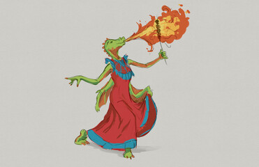 Digital painting of a graceful dragon fire dancer cartoon character - fantasy illustration