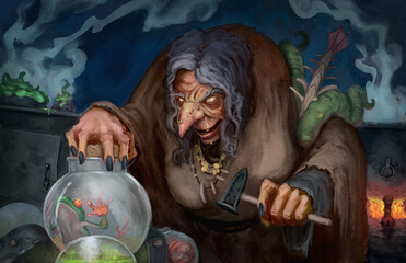Digital painting of a witch character gathering a frog for ingredients to make a potion - fantasy illustration © Dominick