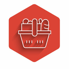 White line Shopping basket and food icon isolated with long shadow background. Food store, supermarket. Red hexagon button. Vector
