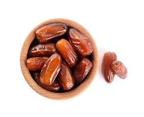 Sweet dried dates in bowl on white background, top view