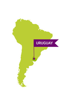 Uruguay on an South America s map with word Uruguay on a flag-shaped marker. Vector isolated on white.