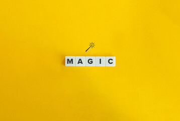 Magic banner and conceptual image. Block letters on bright orange background. Minimal aesthetics.