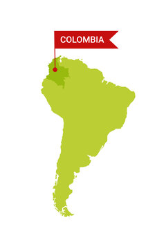 Colombia on an South America s map with word Colombia on a flag-shaped marker. Vector isolated on white.