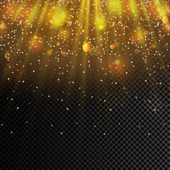 Golden particles. Starry sky. Glowing yellow bokeh circles.