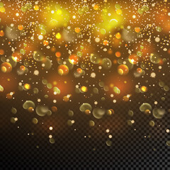 Golden particles. Starry sky. Glowing yellow bokeh circles.
