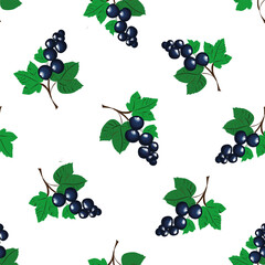 Black currant with leaves seamless pattern on white