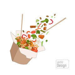 Chinese food in a cardboard box takeaway, Noodles with fried meat and vegetables, broccoli, asparagus, carrots, onions, chicken falling out of the box.Vector drawn in doodle cartoon style, isolated