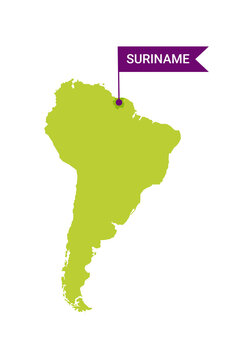 Suriname on an South America s map with word Suriname on a flag-shaped marker. Vector isolated on white.