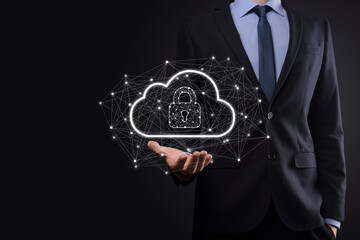 Business man hold,holding cloud computing data and security on global networking,Padlock and cloud...