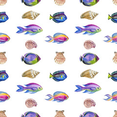 Seashells and fishes seamless pattern. Watercolor hand drawn  seashells and fishes rapport can be used as print, fabric, textile, wallpaper, shower curtain, wrapping paper, labels, packaging design.