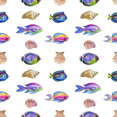 Naklejka premium Seashells and fishes seamless pattern. Watercolor hand drawn seashells and fishes rapport can be used as print, fabric, textile, wallpaper, shower curtain, wrapping paper, labels, packaging design.