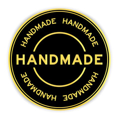 Black and gold color round label sticker with word handmade on white background