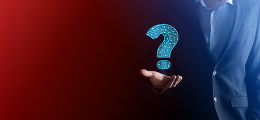 Question mark. 3d abstract on dark background with dots and stars. Ask symbol. Help support, faq...