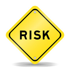 Yellow color transportation sign with word risk on white background